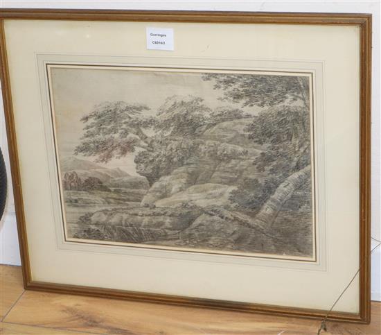 Richard Cooper Jnr (1740-1814), pencil on paper, Rocky river landscape, J S Maas label verso, 27 x 38.5cm